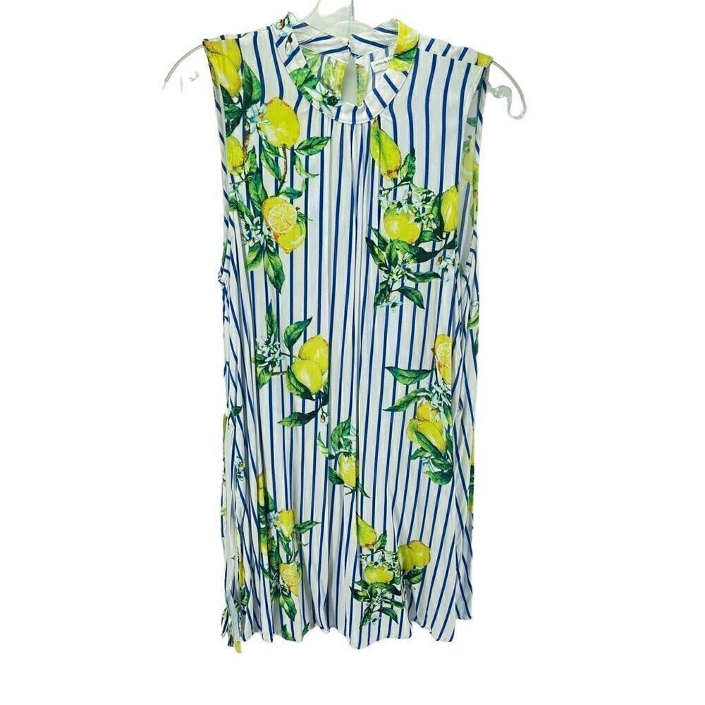 Jacqueline De Yong Womens Sleeveless Dress Striped Lemon Fruit Tie Waist Blue 42